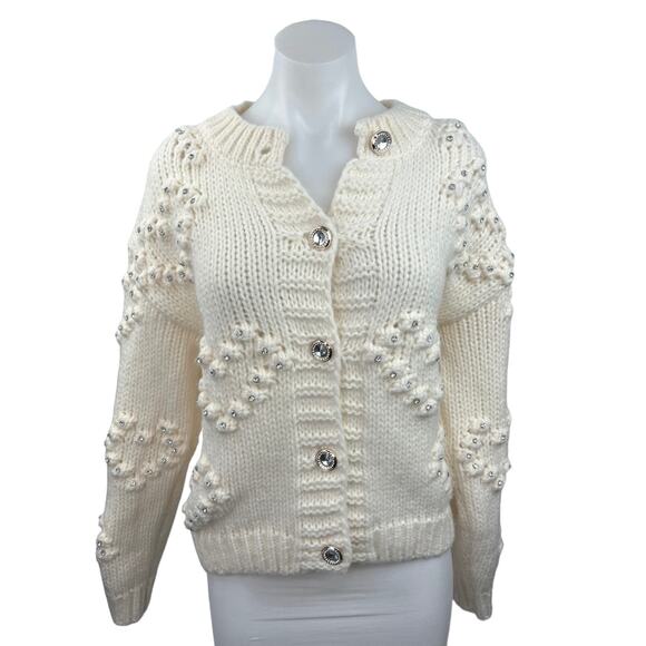Self-Same Women's White Knitted Long Sleeve Button Up Cardigan Sweater Top Sz S - Picture 1 of 6